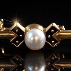 Vintage Gold Tone Faux Pearl Bar Brooch Black Enamel Geometric Art Deco Style